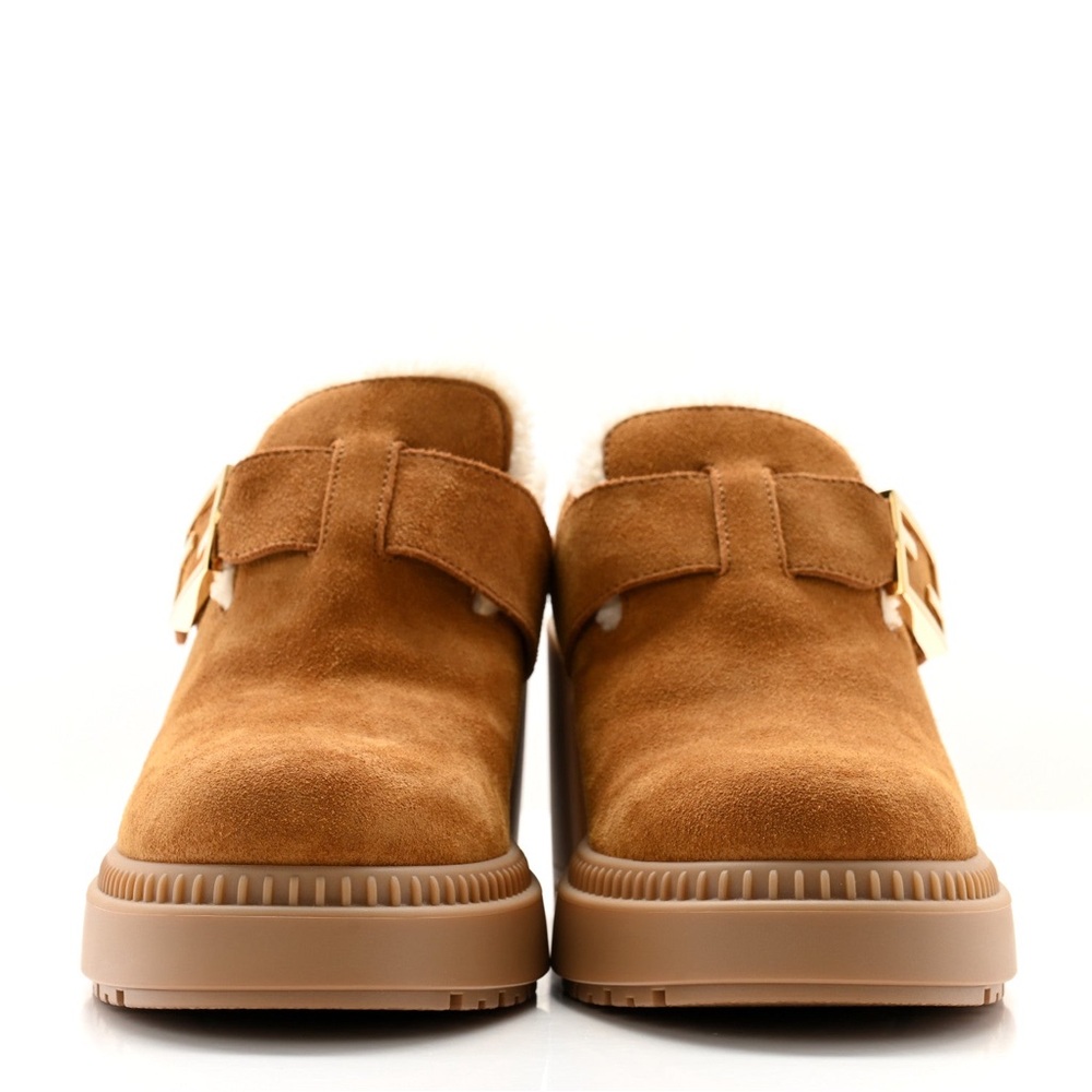 Fendi Tan Suede Shearling-Lined Mules with Gold Buckle - Picture 3 of 10